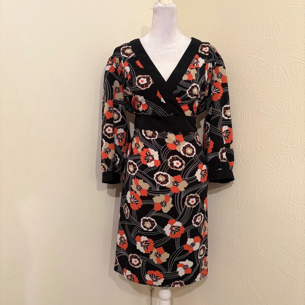 Millenium 1X Retro Floral Faux Wrap Dress Black Orange V-Neck 3/4 Sleeve
